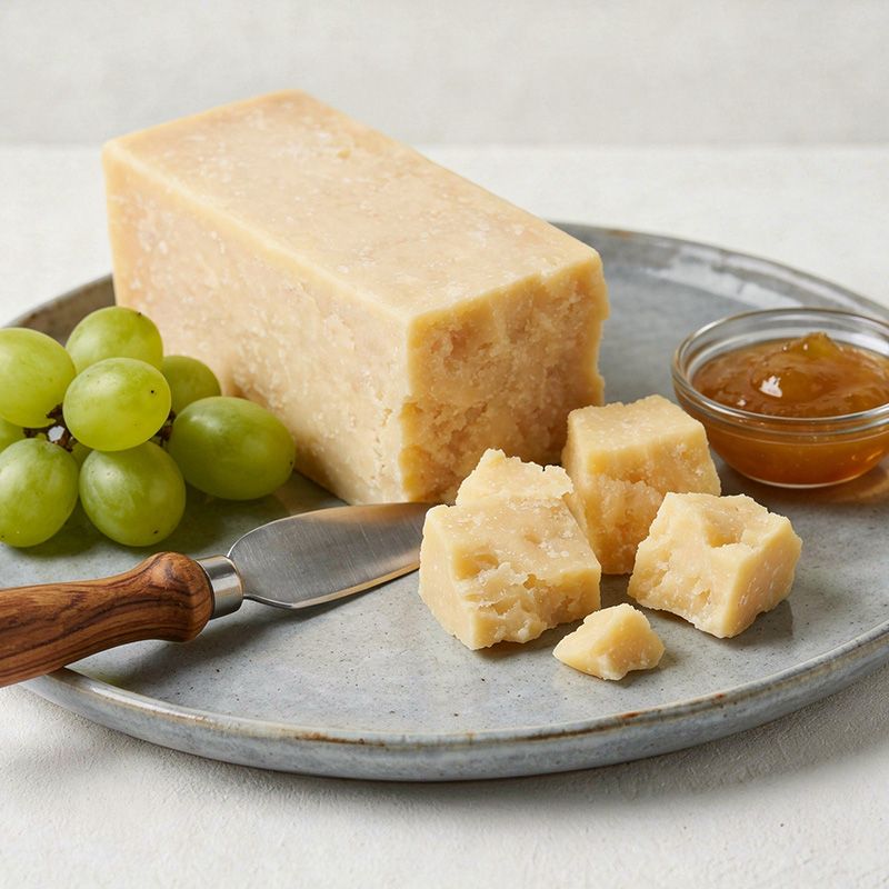 Formaggio stagionato L'Interform da grattugia con scaglie e cubetti, servito con uva e confettura.